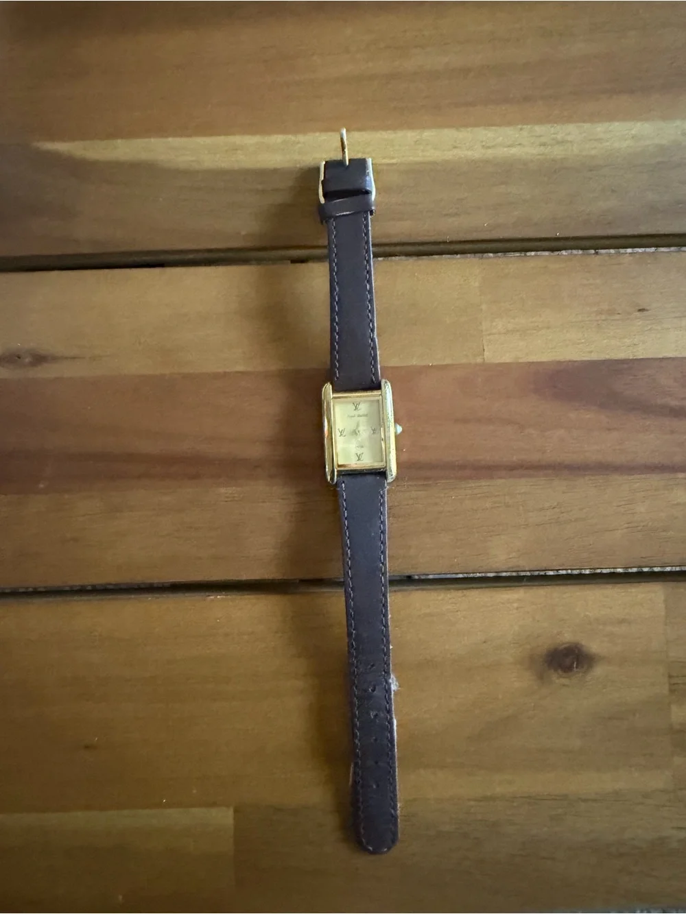 Classic Louis Vuitton Rectangular Gold-Tone Watch with Brown Leather Strap